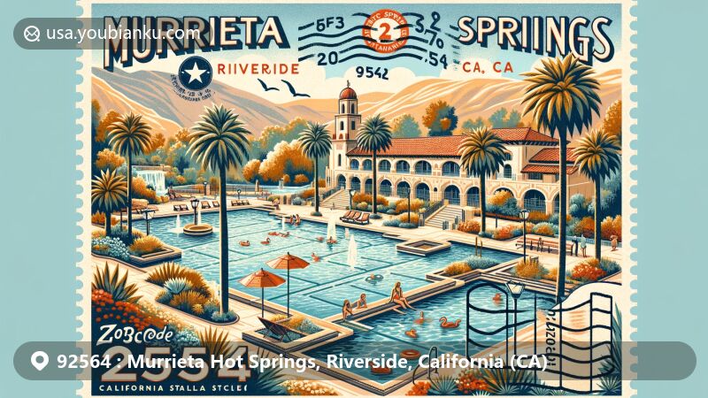 Modern illustration of Murrieta Hot Springs in Riverside, California, showcasing geothermal pools, lush landscape with palm trees, and iconic Spanish & California Mission architectural styles, featuring a vintage postcard layout with postal theme and ZIP code 92564.