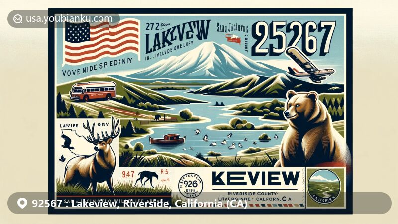 Vintage-style illustration of Lakeview, Riverside County, California, showcasing San Jacinto Wildlife Area and Mystic Lake, featuring California state flag and Riverside County map.