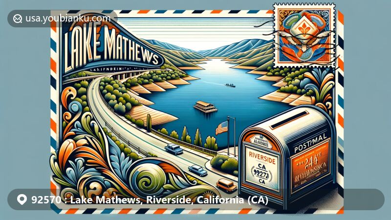 Modern illustration of Lake Mathews, Riverside, California, showcasing postal theme with ZIP code 92570, featuring Temescal mountains and scenic beauty.