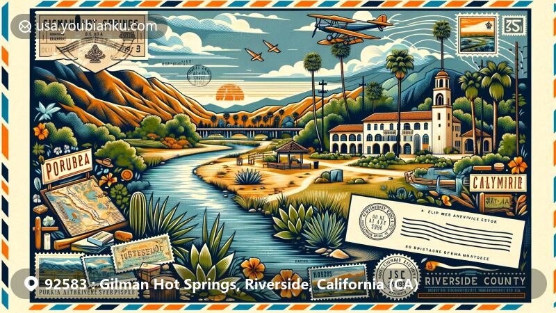 Modern illustration of Gilman Hot Springs, Riverside County, California, featuring postal theme with ZIP code 92583, highlighting Potrero Creek, San Jacinto River, Soboba Band of Luiseño Indians, and Estudillo Mansion.