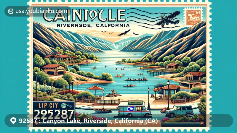 Modern illustration of Canyon Lake, Riverside County, California, highlighting ZIP code 92587 with Southern California landscape, water activities, and gated community vibes.
