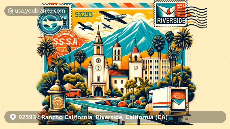 Modern illustration of Riverside, California, showcasing Mission Inn, UC Riverside Bell Tower, Box Springs Mountain, Giant Lily Cup, and postal theme with vintage air mail envelope, postage stamp, and postmark for ZIP code 92593.