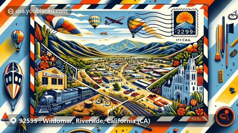 Modern illustration of Wildomar, California, showcasing ZIP code 92595 with a creative postal theme and scenic view, symbolizing history, geography, and outdoor activities.