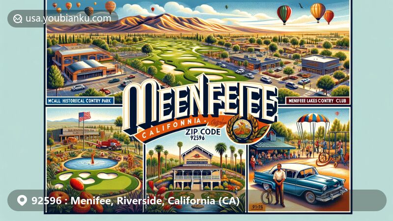 Modern illustration of Menifee, California, showcasing ZIP code 92596, highlighting McCall Canyon Park, Menifee Lakes Country Club, Wheatfield Park, Menifee Public Library, and E. L. Pete Peterson Park.