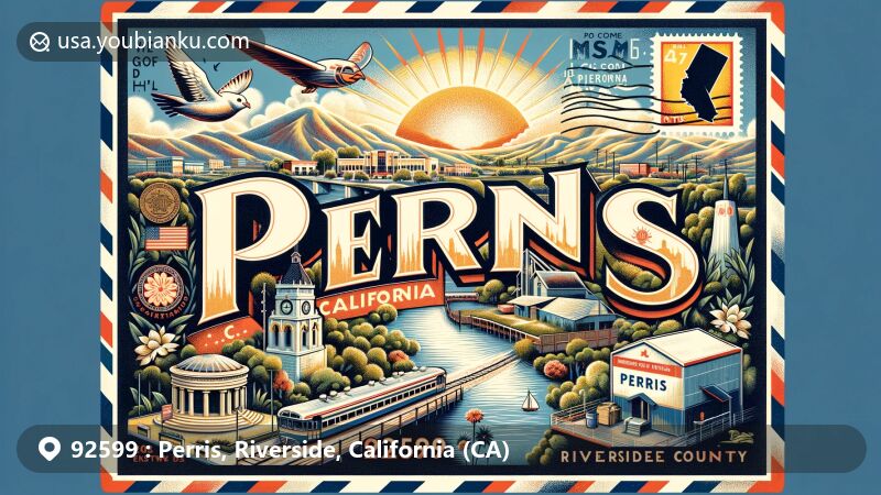 Modern illustration of Perris, California, highlighting ZIP code 92599, Lake Perris, and Southern California Railway Museum, set against the backdrop of Inland Empire's landscape with vintage stamps celebrating state symbols and air mail motifs.