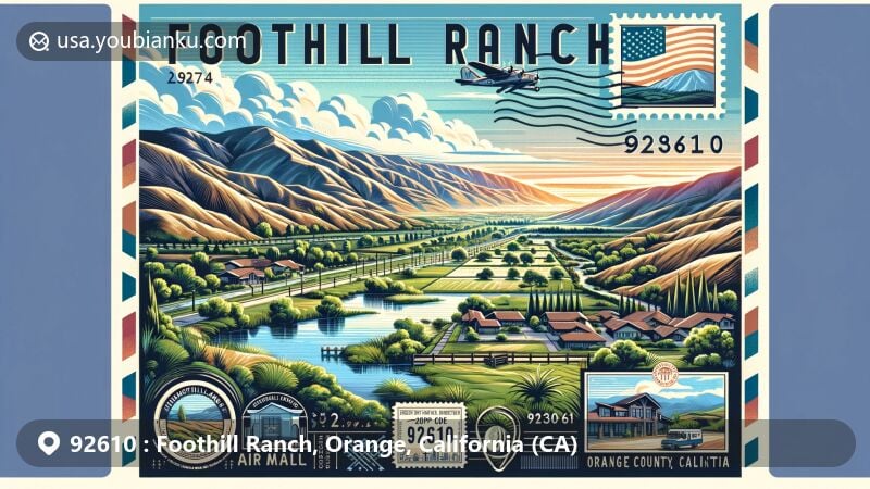 Modern illustration of Foothill Ranch, Orange County, California, capturing the scenic beauty and tranquility, with rolling hills, local vegetation, and a stylized postcard featuring ZIP code 92610.