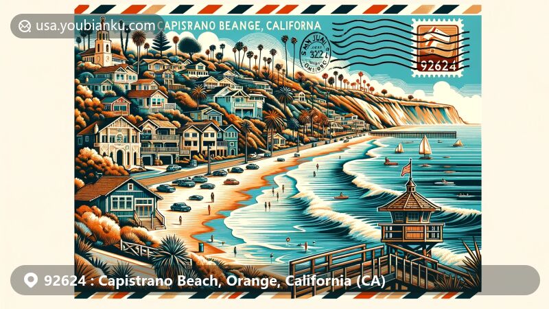 Modern illustration of Capistrano Beach, Orange County, California, showcasing coastal neighborhood of Dana Point overlooking Pacific Ocean, featuring Mission San Juan Capistrano and San Juan Creek's mouth with lifeguard stand.