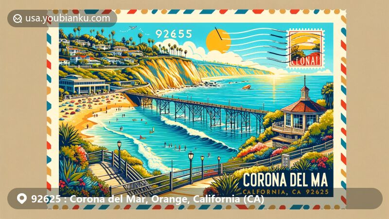 Modern illustration of Corona del Mar, California, showcasing postal theme with ZIP code 92625, featuring picturesque beaches, Goldenrod Footbridge, and Sherman Library and Gardens.