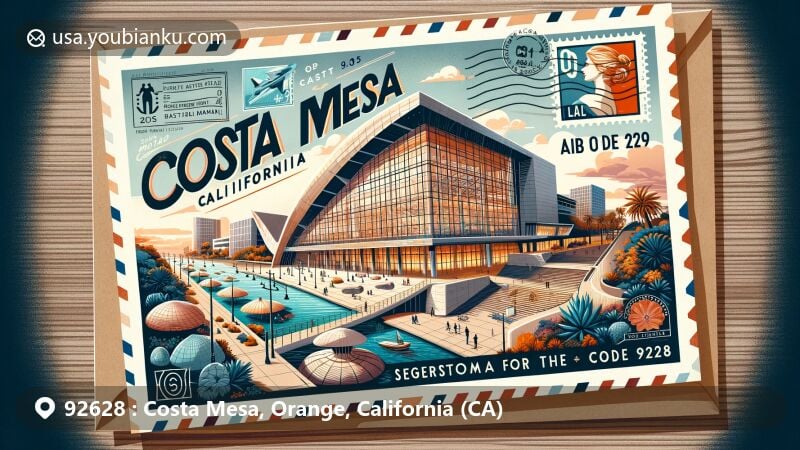 Modern illustration of Costa Mesa, Orange, California, showcasing iconic landmarks like Segerstrom Center for the Arts, South Coast Plaza, Noguchi Garden, and The Lab Anti-Mall, blended with vintage postal elements for ZIP code 92628.