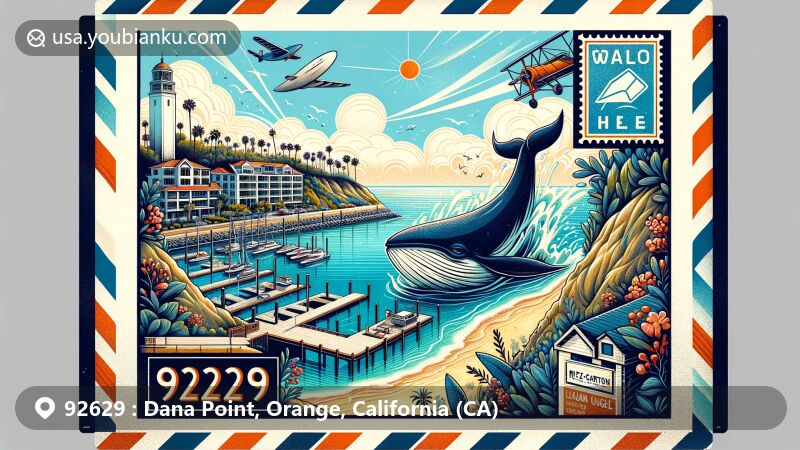 Modern illustration of Dana Point Harbor in Orange County, California, featuring the picturesque marina, popular for surfing and whale watching, with Salt Creek Beach and Ritz-Carlton Laguna Niguel in the background, and a vintage air mail envelope showcasing ZIP code 92629.