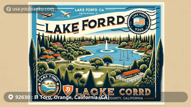 Vintage-style illustration of El Toro area, now Lake Forest, Orange County, California, featuring man-made lakes, eucalyptus groves, and local wildlife within outline of Orange County.