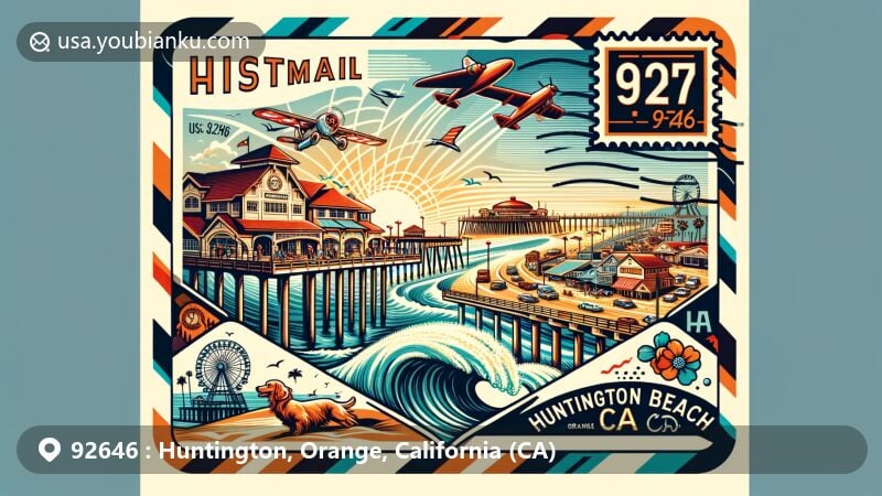 Modern illustration of Huntington Beach, Orange County, California, with airmail envelope frame featuring Huntington Beach Pier, Old World Village, and surf culture, showcasing cultural diversity and community events.