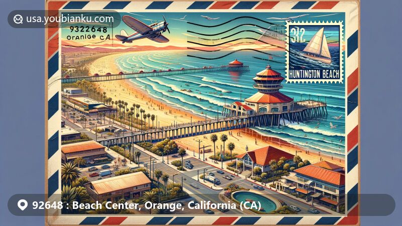 Modern illustration of Huntington Beach, California, representing ZIP code 92648 with iconic elements like Huntington Beach Pier, International Surfing Museum, and Central Park, merging surf culture with postal motifs.