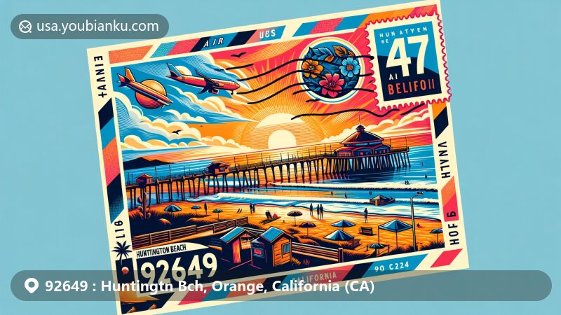 Modern illustration of Huntington Beach, Orange County, California, embodying surf culture with Huntington Beach Pier and Sunset Beach, featuring sunsets, sandy beaches, and relaxed coastal vibe, designed as vibrant air mail envelope with postal stamps showcasing iconic landmarks and ZIP code 92649.