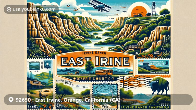 Creative illustration of East Irvine, Orange County, California, capturing the essence of ZIP code 92650 with Irvine Ranch Natural Landmarks, limestone canyons, Bommer Canyon trails, diverse wildlife, and vintage postal elements.