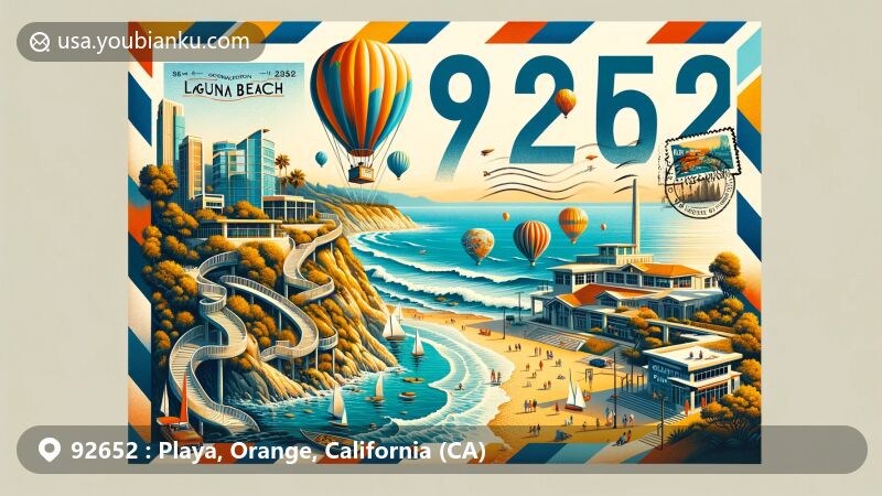 Modern illustration of Laguna Beach, California, in Orange County, capturing coastal charm with a vibrant postcard design, showcasing ZIP code 92652, including Thousand Steps Beach, Great Park Balloon, Noguchi Museum, and The Lab.