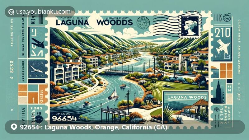Modern illustration of Laguna Woods, California, with Aliso Creek, Aliso and Wood Canyons Wilderness Park, and Laguna Woods Village retirement community, featuring postal symbols like a postage stamp and ZIP code 92654.