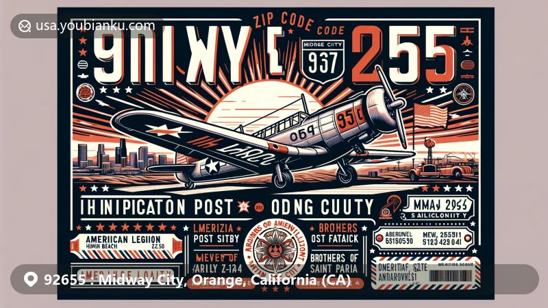 Modern and creative illustration of Midway City, Orange County, California, highlighting ZIP code 92655 with postcard or air mail envelope design. Features include community resistance to annexation, proximity to Huntington Beach and Santa Ana, Huntington Beach Oil Field, Zenith Albatross Z-12 aircraft, American Legion Post 555, and Brothers of Saint Patrick.