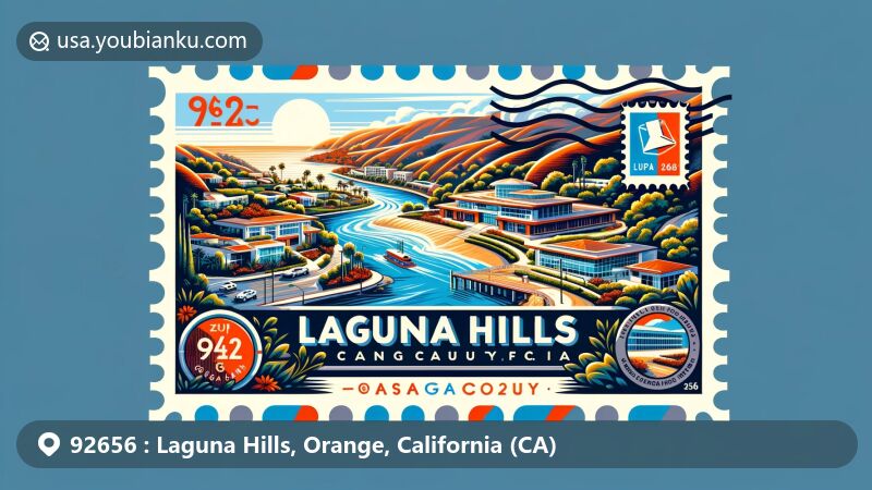 Modern illustration of Laguna Hills, Orange County, California, capturing the essence of ZIP code 92656 with Civic Center, Laguna Canyon, and Laguna Beach, featuring postal elements and vibrant community connection.