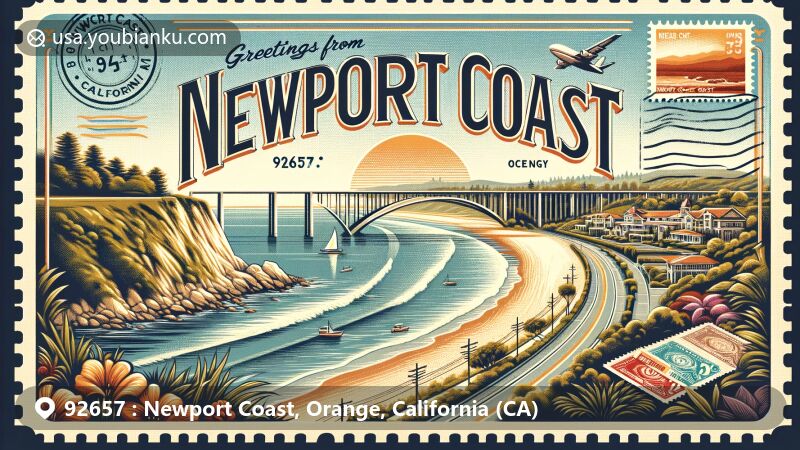 Modern illustration of Newport Coast, 92657, in Orange County, California, featuring the iconic arch on Pacific Coast Highway and panoramic views of the Pacific Ocean and San Joaquin Hills.