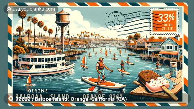 Modern illustration of Balboa Island, Orange, California, displaying iconic elements including Balboa Island Ferry, Newport Harbor, Marine Avenue shops, and paddleboarders on tranquil waters.