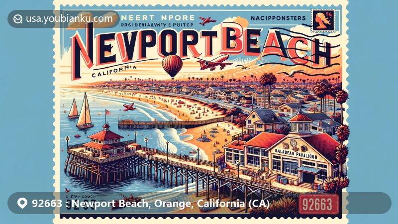 Modern illustration of Balboa Peninsula, Newport Beach, California, showcasing postal theme with ZIP code 92663, featuring charming seaside scenery and Newport Beach Pier.