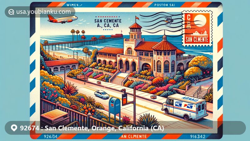 Innovative illustration of San Clemente, Orange, California, inspired by ZIP Code 92674, blending iconic landmarks like Casa Romantica Cultural Center and Gardens with postal elements in a creative airmail envelope design.