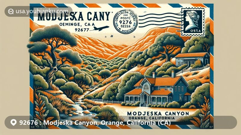 Vibrant illustration of Tucker Wildlife Sanctuary, located in Modjeska Canyon, California, depicting diverse flora and fauna in a serene natural setting.