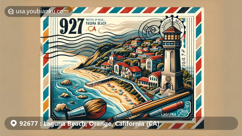 Modern illustration of Laguna Beach, Orange County, California, featuring iconic Pirate Tower, scenic coastline, and local arts symbols, set on vintage air mail envelope with ZIP code 92677.