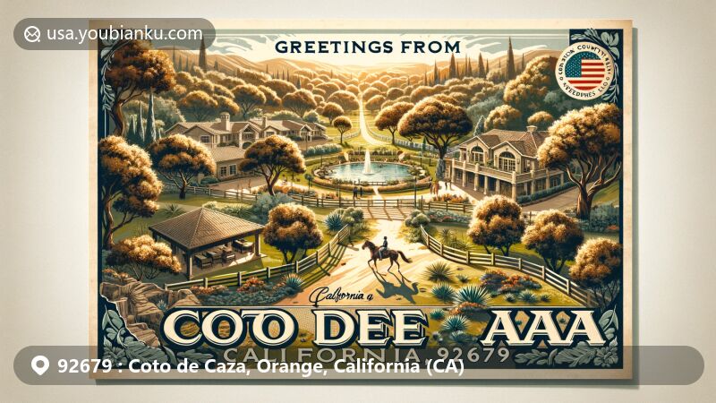 Modern illustration of Coto de Caza, California, with a postcard design showcasing Thomas F. Riley Wilderness Park, luxury homes, and equestrian centers, capturing the essence and beauty of the upscale living environment in the ZIP code 92679.