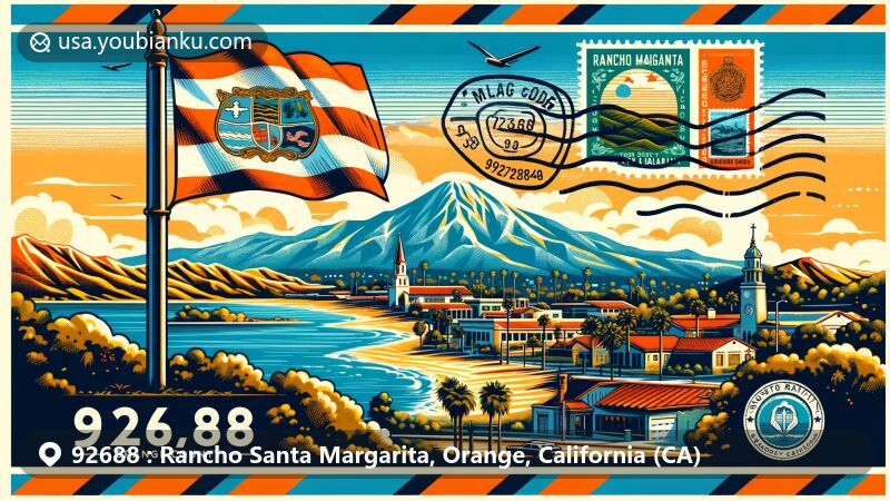 Modern illustration of Rancho Santa Margarita, Orange County, California, with a creative postal design showcasing the flag, landscape, and postal elements, including ZIP Code 92688 and cultural symbol, in a vibrant color scheme reflecting the city's heritage and natural beauty.