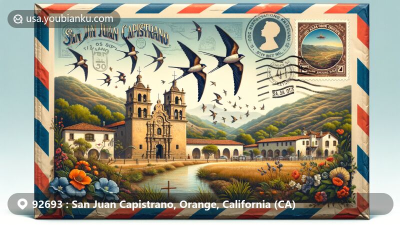 Modern illustration of San Juan Capistrano, California, featuring Mission San Juan Capistrano, Los Rios Historic District, cliff swallows migration, and postal elements like a vintage postage stamp and airmail border.