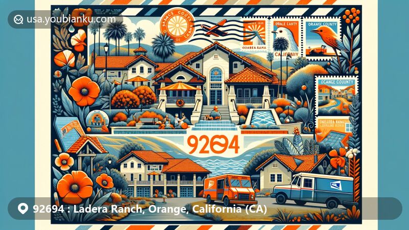 Illustration highlighting ZIP code 92694 in Ladera Ranch, Orange County, California, capturing vibrant community life with parks, clubhouses, water park, and hiking trails, featuring California poppy and Orange County flag.