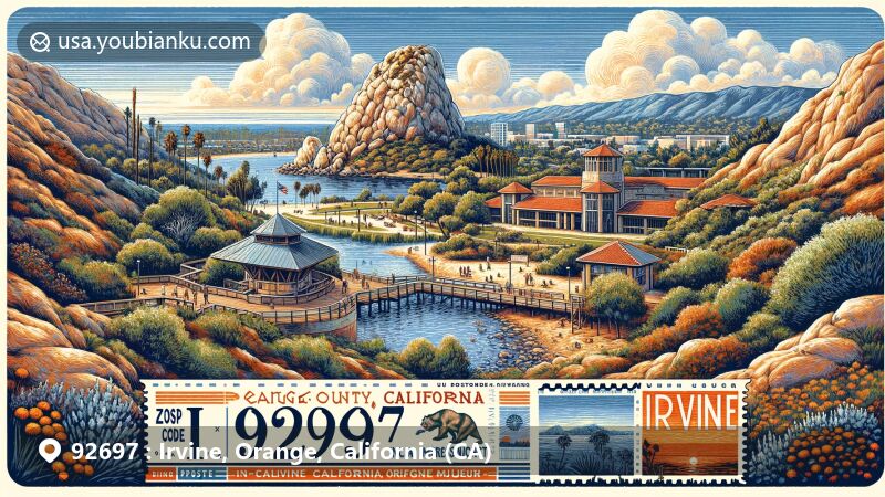 Vibrant illustration of ZIP Code 92697, featuring Turtle Rock Viewpoint and Irvine Museum in Orange County, California, blending natural beauty with cultural heritage in a modern style.