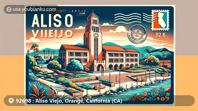 Modern illustration of Aliso Viejo, California, in Orange County, highlighting iconic landmarks like Aliso Viejo City Hall and the natural beauty of Aliso and Wood Canyons Wilderness Park, featuring a postal theme with ZIP code 92698 and symbolic elements of California.