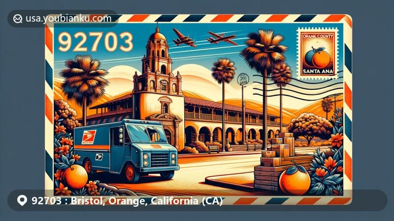 Modern illustration of ZIP code 92703 in Santa Ana, CA, Orange County, California, showcasing the Old Orange County Courthouse and the Serrano Adobe against a backdrop of Southern California scenery with palm trees and hills.