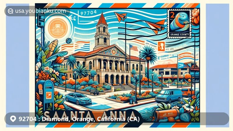 Modern illustration of Santa Ana, California, themed around ZIP code 92704, showcasing the iconic Old Orange County Courthouse and postal elements like stamps and a mailbox, set against a colorful postal card backdrop.
