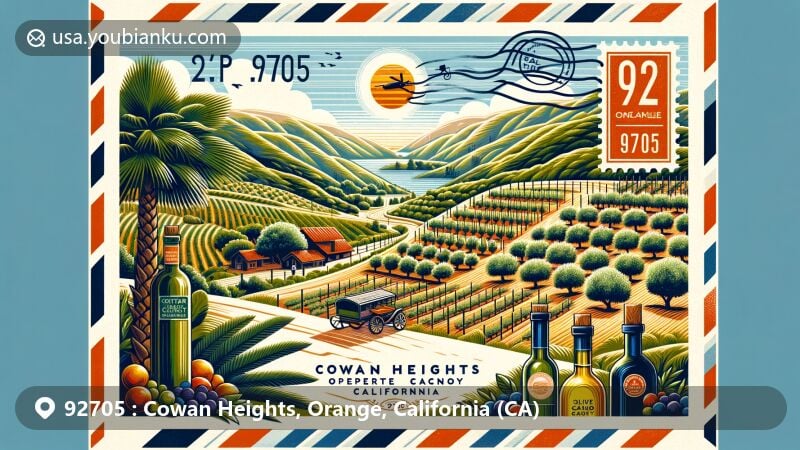 Modern illustration of Cowan Heights, Orange County, California, highlighting suburban charm and natural beauty with rolling hills, lush greenery, and Peters Canyon, set in a vintage air mail envelope with ZIP code 92705. Features Peppertree Canyon winery, grapevines, olive trees, and local wine and olive oil bottles.