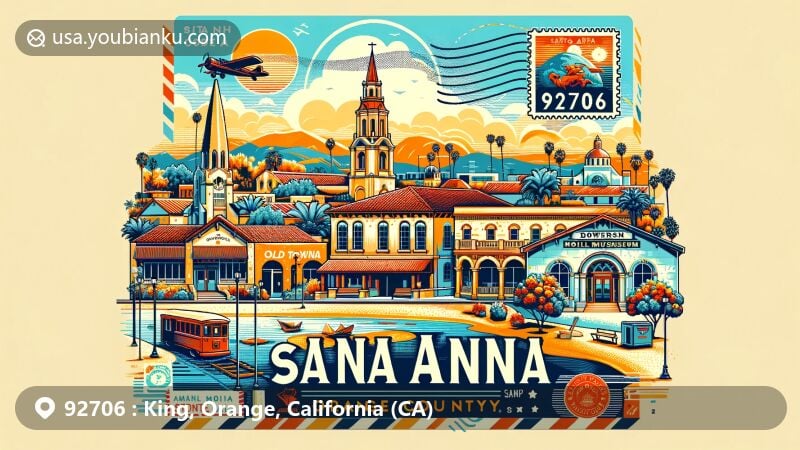 Modern illustration of Santa Ana, Orange County, California, showcasing architectural styles of Old Towne, Orange Historic District, and art from Bowers Museum, integrated with postal themes like vintage postage stamp and ZIP code 92706.