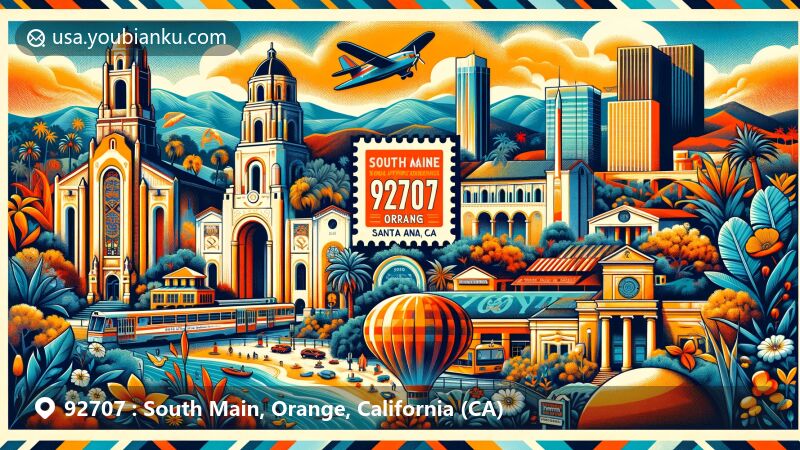 Modern postcard illustration of South Main, Orange, California, showcasing ZIP code 92707, featuring Bowers Museum, Santa Ana Zoo, and Lyon Air Museum, with diverse Orange County landscapes in an imaginative style.