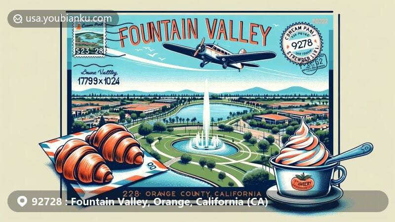Creative illustration of Fountain Valley, Orange County, California, depicting Mile Square Regional Park, Cream Pan's strawberry croissants, and suburban cityscape, integrating postal elements like vintage air mail envelope, California state flag stamp, and ZIP code 92728 postmark.