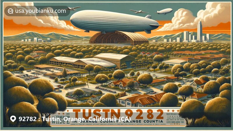 Modern illustrated postcard theme of Tustin, Orange County, California, showcasing Tustin Ranch and historic blimp hangars, surrounded by sycamores and oaks. Design captures 'The City of Trees' essence, depicting city's evolution from citrus ranch to a vibrant community.