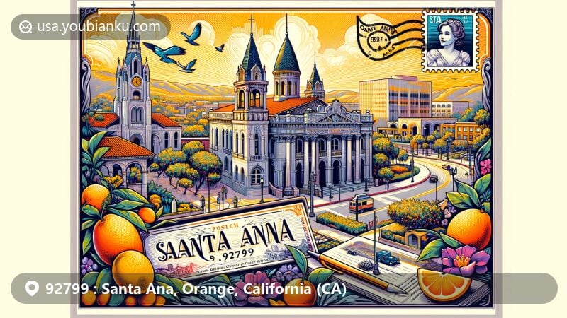 Modern illustration of Santa Ana, Orange County, California, showcasing iconic landmarks like the Old Orange County Courthouse, Santa Ana Cathedral, and Grand Central Art Center, against a backdrop of citrus groves, with a vintage postcard layout featuring ZIP code 92799.