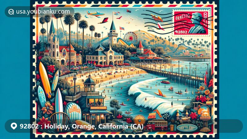 Modern illustration of Orange County, California, featuring the 92802 ZIP code area in a holiday postcard theme with iconic landmarks like Disneyland and Knott's Berry Farm.