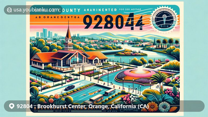 Modern illustration of Brookhurst Center, Anaheim, California, emblematic of ZIP code 92804, featuring Brookhurst Community Center, lush landscapes, and vibrant postal design.