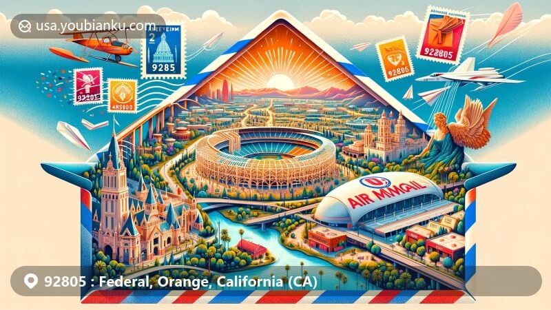 Modern illustration of Anaheim, California, showcasing postal theme with ZIP code 92805, featuring Disneyland Resort, Angel Stadium, and Anaheim Packing District.