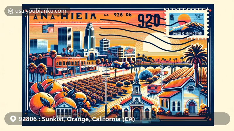 Modern illustration of Anaheim, California, Orange County, for ZIP code 92806, featuring iconic landmarks like Samuel Kraemer Building, Mother Colony House, St. Michael’s Episcopal Church, and citrus groves.