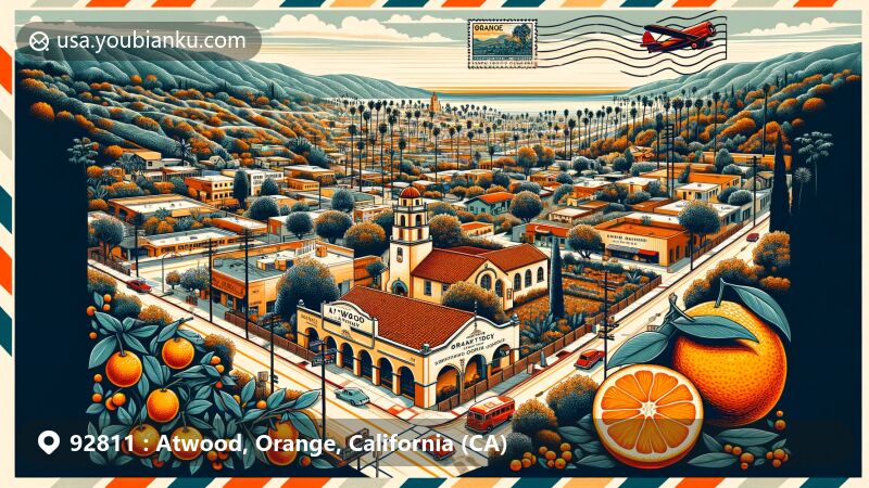 Modern illustration of the Atwood area in Orange County, California, showcasing the Mexican-American community, Atwood post office, and key streets like Orangethorpe Avenue and Van Buren Street, integrating citrus industry symbols and highlighting Mission San Juan Capistrano.