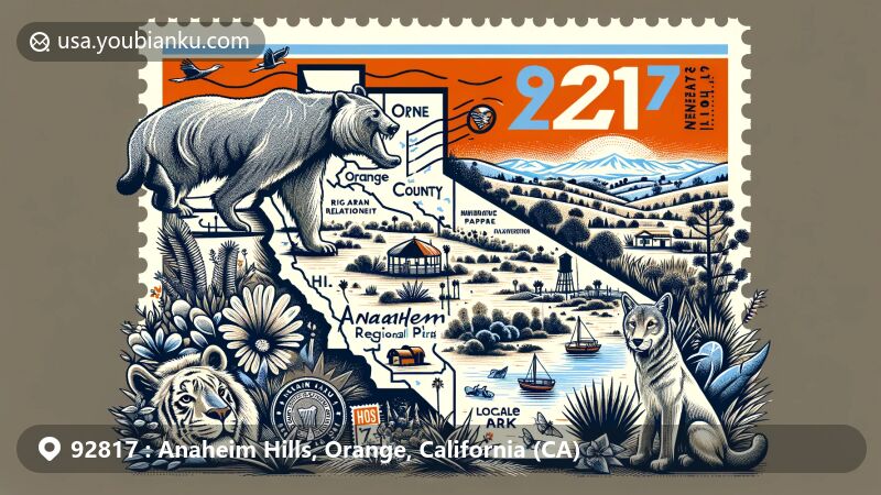 Modern illustration of Anaheim Hills, Orange County, California, with ZIP code 92817, featuring Irvine Regional Park and local wildlife, designed in the style of a postcard or air mail envelope.