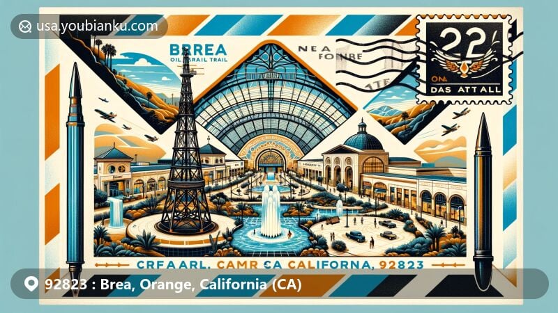 Modern illustration of Brea, California, in Orange County, highlighting ZIP code 92823 with unique charm and cultural fusion.